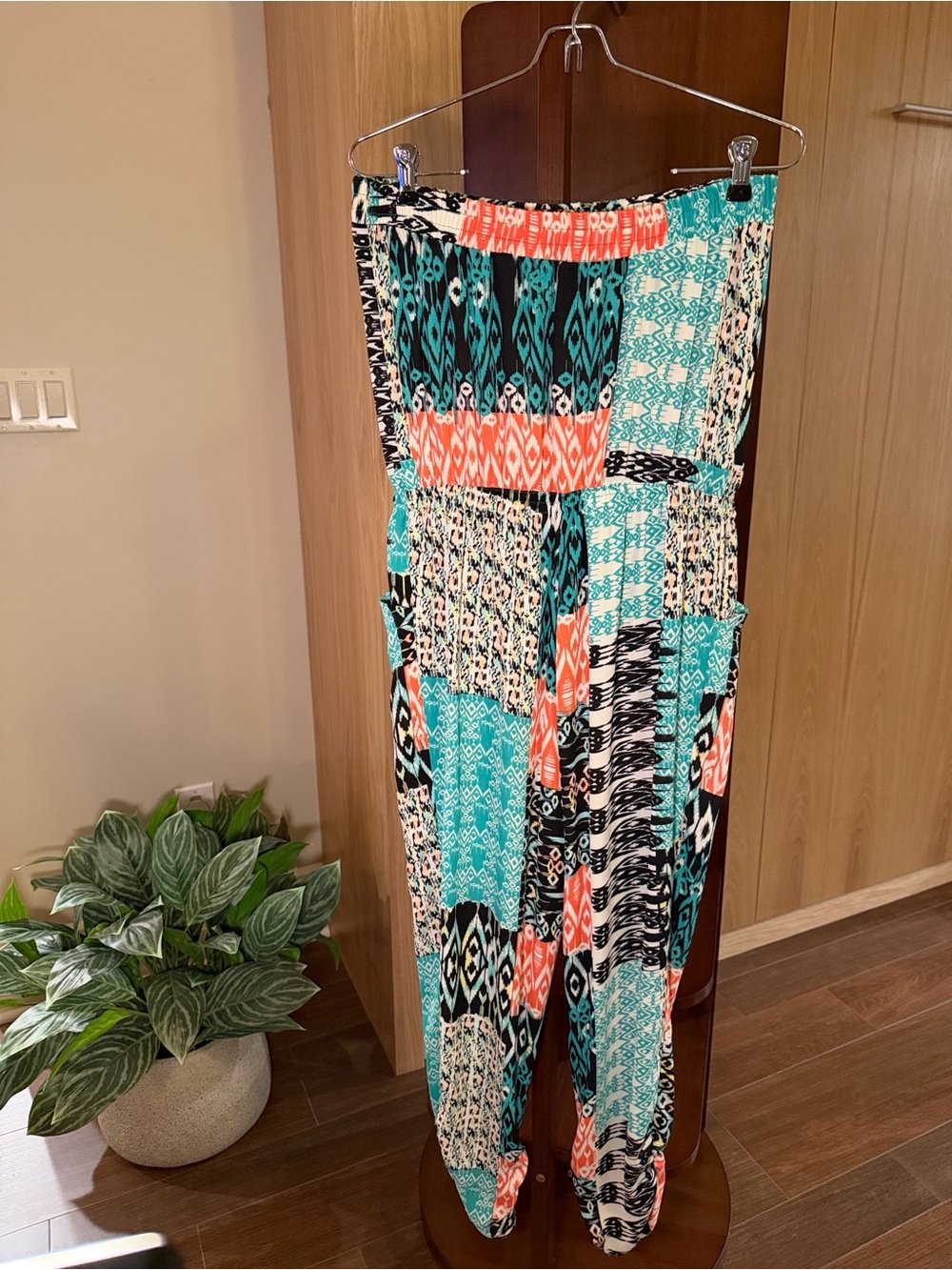 Design Lab Lord & Taylor Turquoise, Coral & Black Patterned Jumpsuit